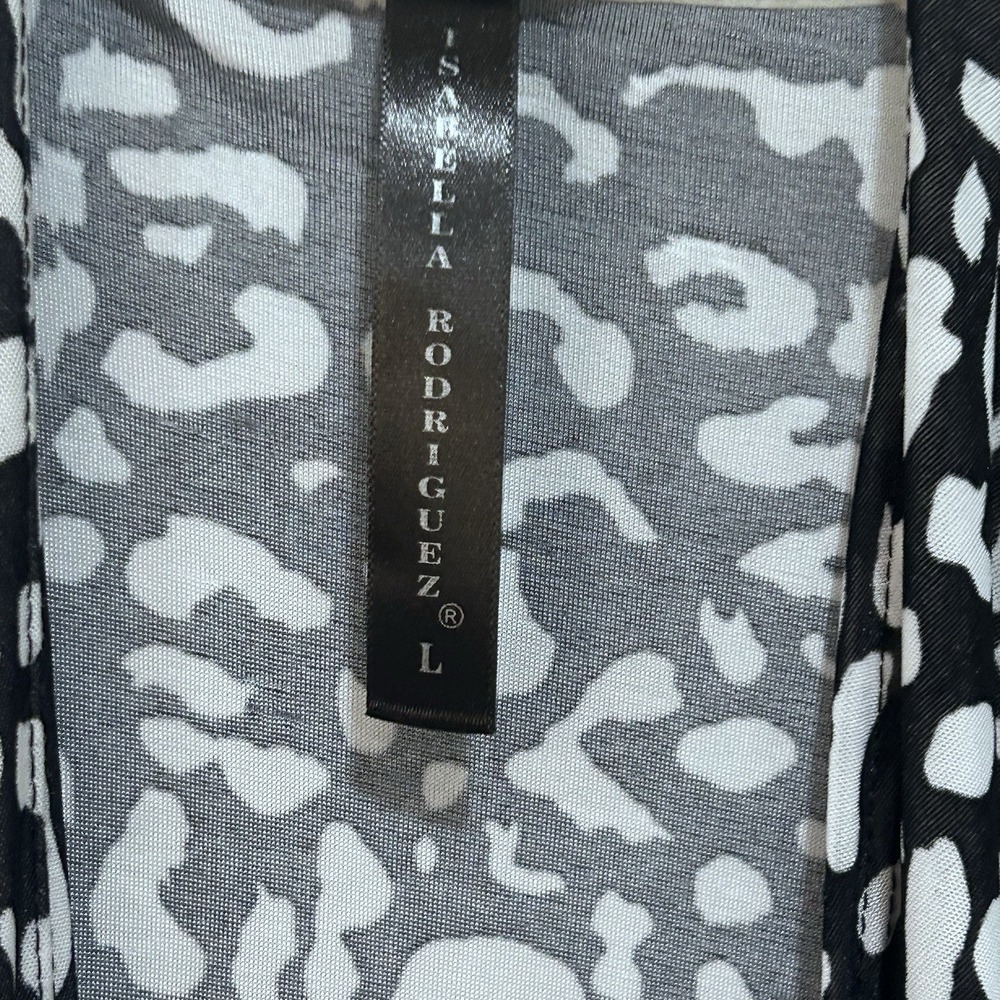 Isabella Rodriguez L Black White Print Open Front Swing Cardigan Waterfall Hem - Picture 3 of 7